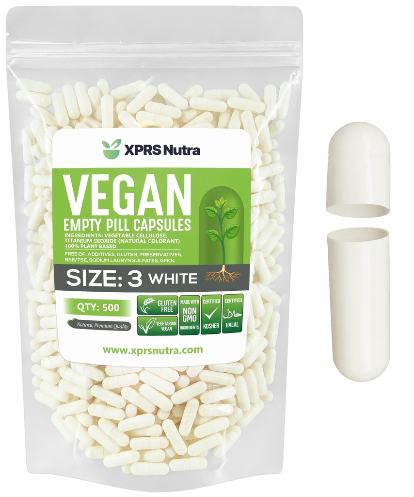 XPRS Nutra Size 3 Empty Capsules - 500 Conde Vacío Vegan - Vegetariano Pills - DIY Vegetable Capsule Filling - Veggie Pill Caps (White)