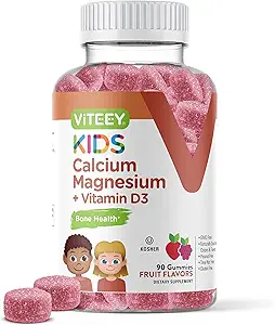 VITEEY Kids Calcium Gummies + Vitamina D3 &amp; Magnesium Citrate for Kids and Teens - Soportes Bone Health, Immune Support, Energy &amp; Muscle Function - Gluten Free, GMO Free - Tasty Chewable Fruit Flavored