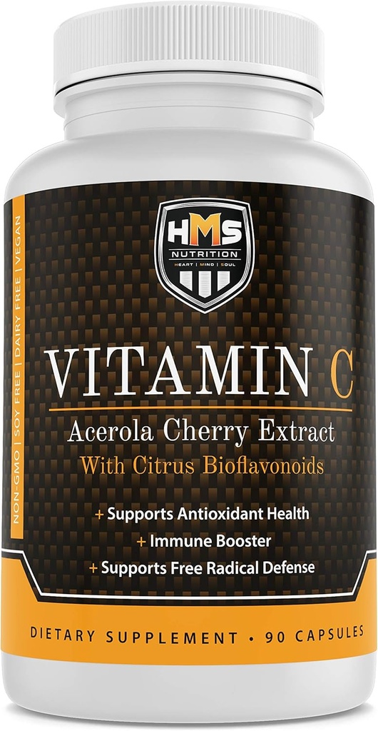 Acerola Cherry and Citrus Bioflavonoids Vitamin C Supplement - Supports Antioxidant Health, Immune Booster - Vegan, Organic - 90 Capsules, 90 Day Suply