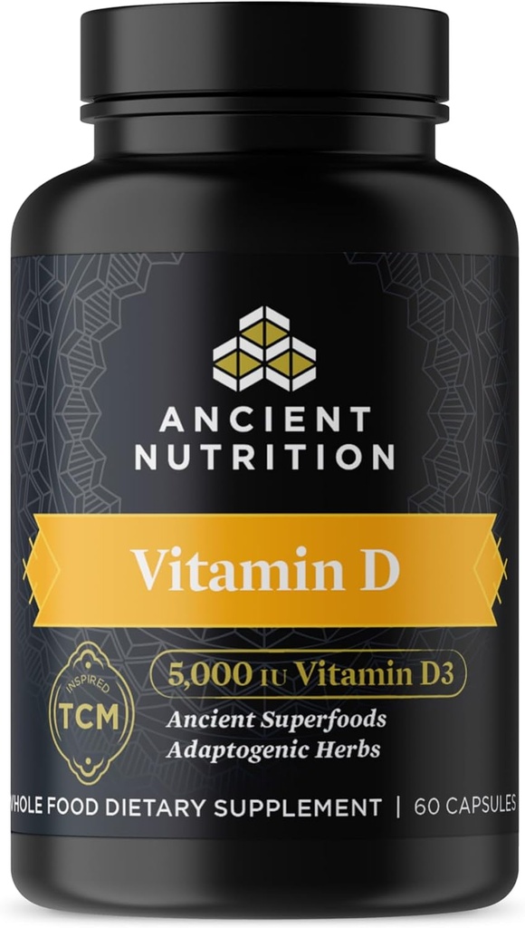 Nutrición antigua Suplemento de vitamina D, 5.000 UI Vitamina D para soporte inmunitario, hecha de hueso Broth y extracto de hongos, apoya la inflamación saludable, Paleo y Keto Friendly, 60 cápsulas