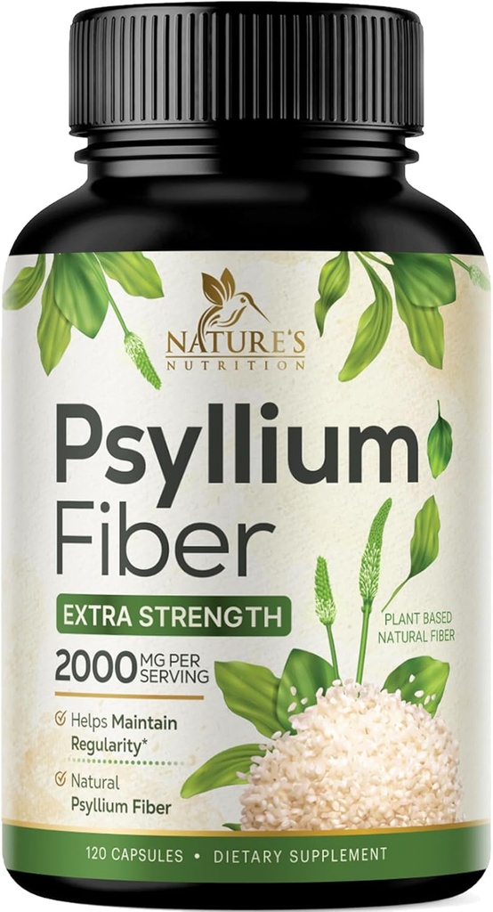 Psyllium Husk Powder Capsules 2000mg, Natural Daily Soluble & Insoluble Fiber Pills, Psyllium Husk Fiber Supplements Support Digestion Colon Health & Regularity, Plant Based Supplement - 120 Capsules