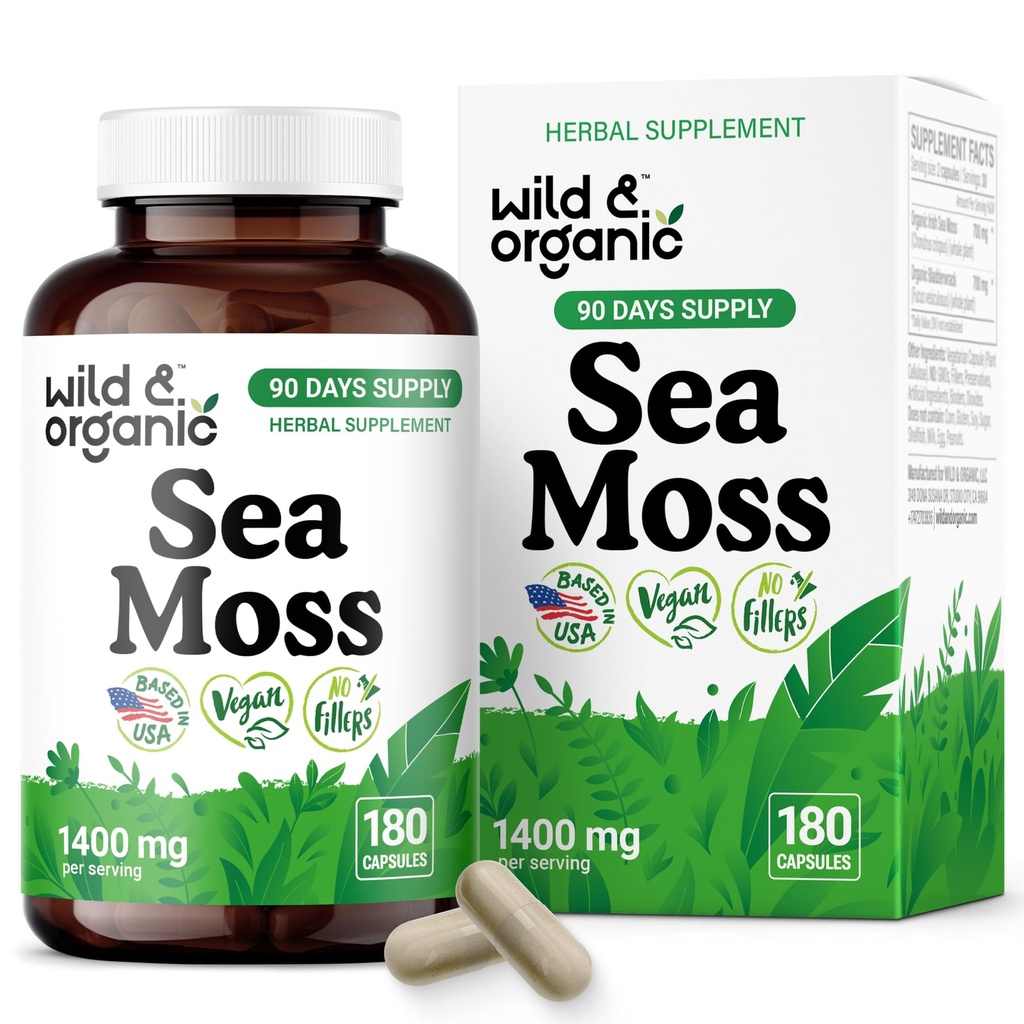 Wild &amp; Organic Sea Moss Capsules - Irish Sea Moss Complex with Bladderwrack & Burdock Root for General Well-Being - 180 Vegan Seamoss Capsules