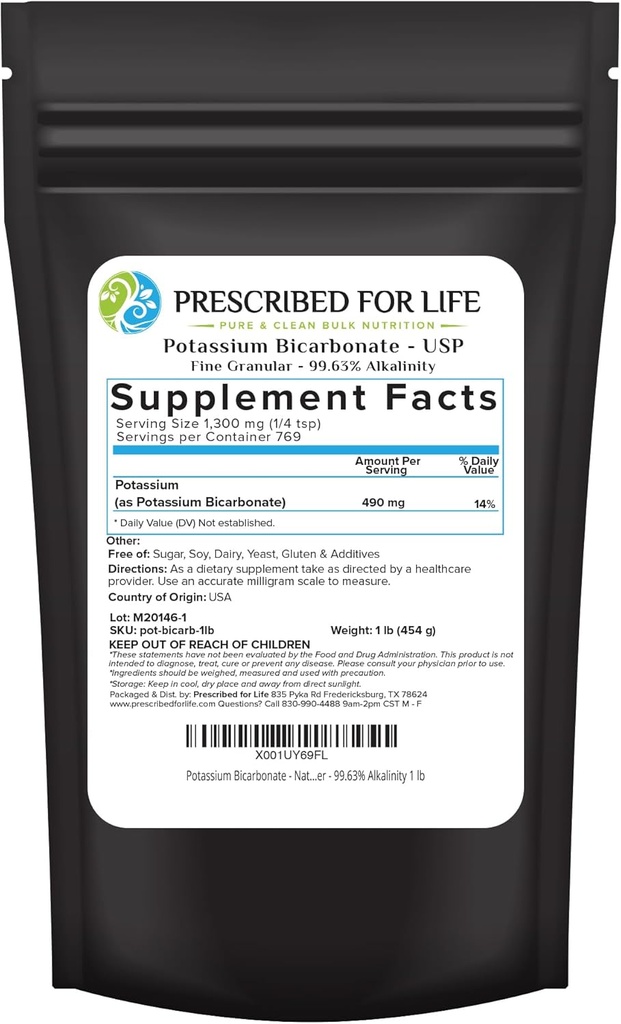 Prescrito para Viviente Potasio Bicarbonato Polvo, Puro USP &amp; Grado de Alimentos Bicarbonato de Potasio para Plantas, Elaboración de Vinos, " Horno, Polvo Cristalino, 39% K (1lb)