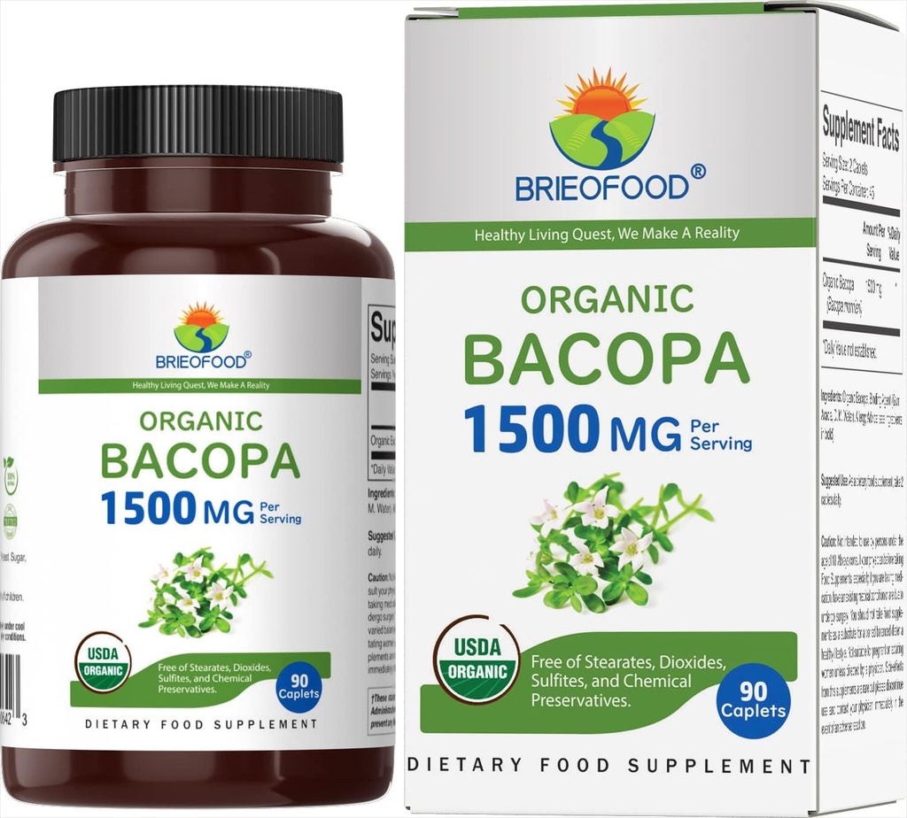 Brieofood Organic Bacopa 1500mg, 45 Servings, Vegetarian, Gluten Free, 90 Tablets Vegetarianos...