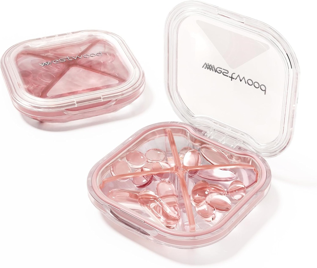 1 Pack Pequeño Pink Pill Organizer, 4 Compartments, Compact Stylish Cute Travel Camping Pill Box Daily Medicine Pill Case, Portable y Moistureproof para almacenar vitaminas, medicamentos y suplementos