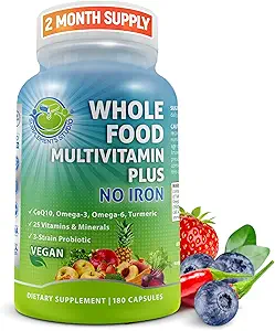 Vegan Whole Food Daily Multivitamin Sin Hierro, Multivitamínico Metilizado para Mujeres y Hombres, Hecho con Frutas & Verduras, B-Complex, Probióticos, Enzimas, CoQ10, Omegas, Turmérico, No GMO, 180 Cuenta