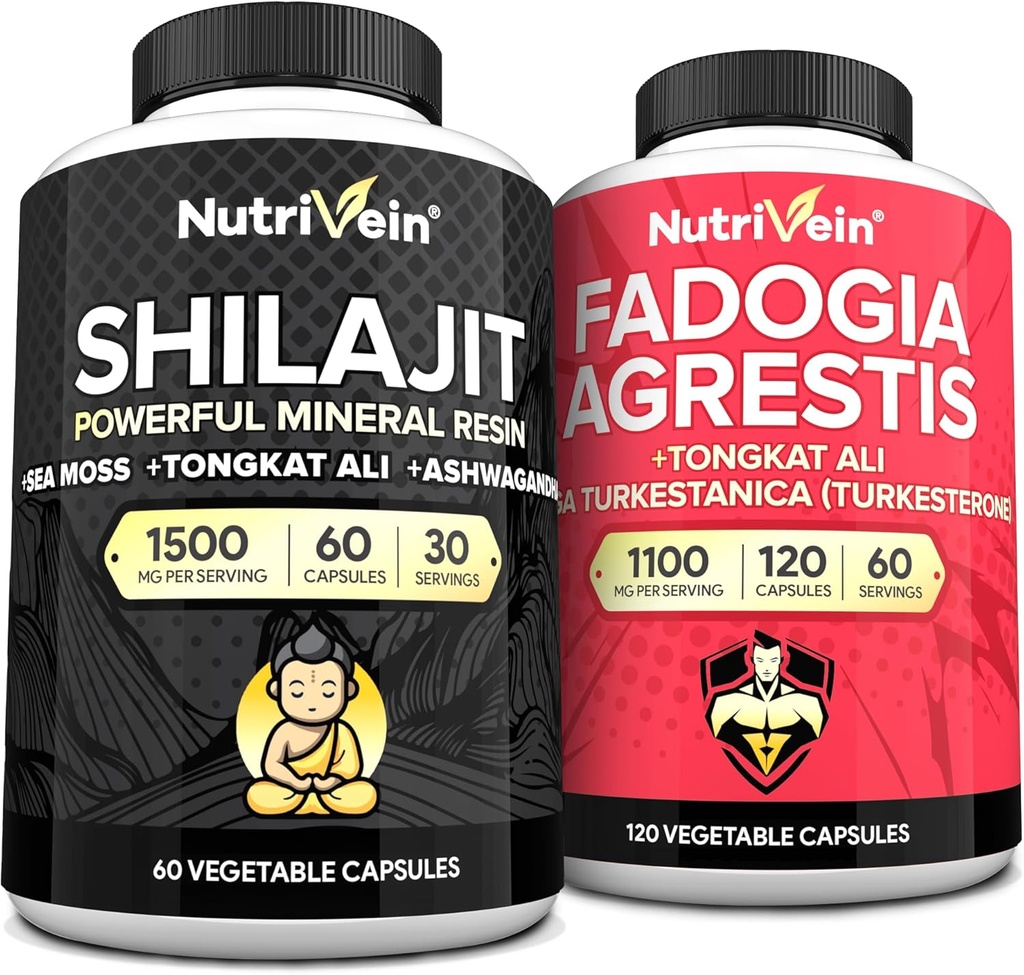 Nutrivein Premium Shilajit Capsules y Fadogia Agrestis Suplemento Bundle: Potente Shilajit para Mujeres y Hombres + Fadogia Agrestis con Tongkat Ali Suplemento para el rendimiento, resistencia, " Vitality