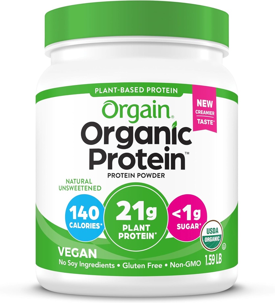 Orgain Orgain Pólvora de proteínas orgánicas, natural sin azúcar - 21g de proteína vegetal, fibra prebiótica 4g, carbohidratos bajos netos, sin ingredientes de lactosa, sin azúcar agregado, no GMO, para sacudidas " , 1,59 lb