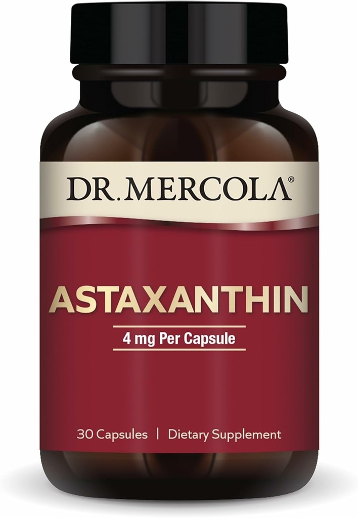 Dr. Mercola Organic Astaxanthin - 4 mg Astaxanthin - Powerful Antioxidant Support - Organic Microalgae Extract - Non-GMO, Gluten-Free &amp; Soy-Free - 30 cápsulas (30 servidos)