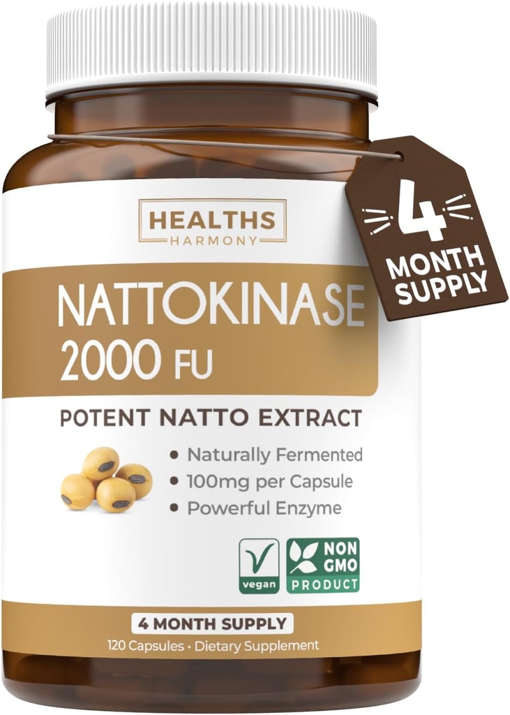 Salud Armonía Nattokinase 2000 FU (No-GMO) Suplemento potente de Nattokinasa Hecho de soyas fermentadas naturalmente - (4 mes de suministro) 120 Vegan Natto Capsules