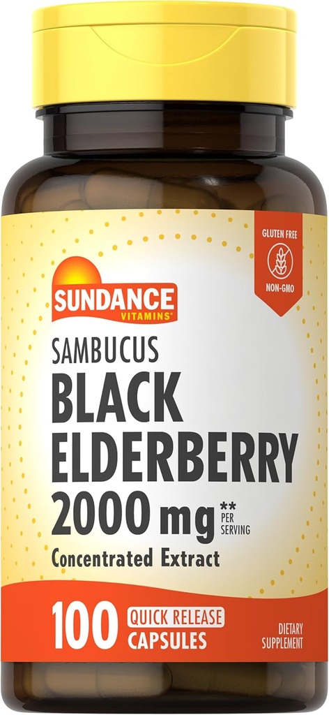 Sundance Sambucus Black Elderberry Capsules | 2000mg | 100 Count | Non-GMO and Gluten Free Supplement