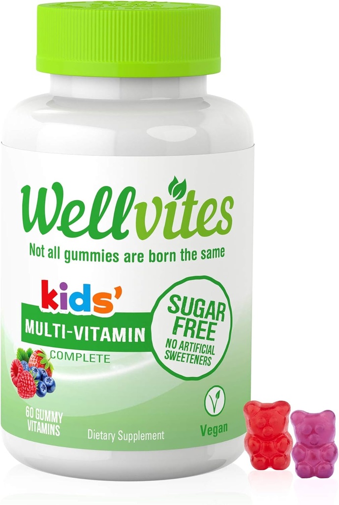 Wellvites Kids Multivitamin Gummies - Azúcar gratis, vegano, no GMO, vitamina A, D, B6, B12 y C - Sin Sweeteners artificiales, sin gluten, sin gelatina - 60 cuenta (30 Day Supply)