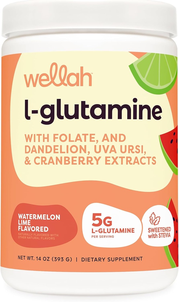 Wellah L-Glutamine Powder Watermelon Lime (50 Servings) - 5g L-Glutamine Por Serving, Endulzado con Stevia