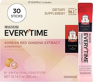 JUNG KWAN JANG Everytime Korean Red Ginseng Extract Stick 1,000mg & Grapefruit - Vegan Ginseng Root Energy Drink Liquid Stick Supplements - Builds Stamina & Immunity, No Caffeine (30 Sticks)