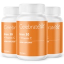 Celebrar vitaminas Suplemento de hierro con vitamina C - 30 mg Hierro, vitamina C de 60 mg, vitaminas barátricas para pacientes de WLS, escledo vertical y cirugía de derivación gástrica – 90 cápsulas