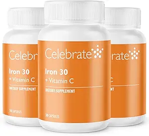 Celebrar vitaminas Suplemento de hierro con vitamina C - 30 mg Hierro, vitamina C de 60 mg, vitaminas barátricas para pacientes de WLS, escledo vertical y cirugía de derivación gástrica – 90 cápsulas