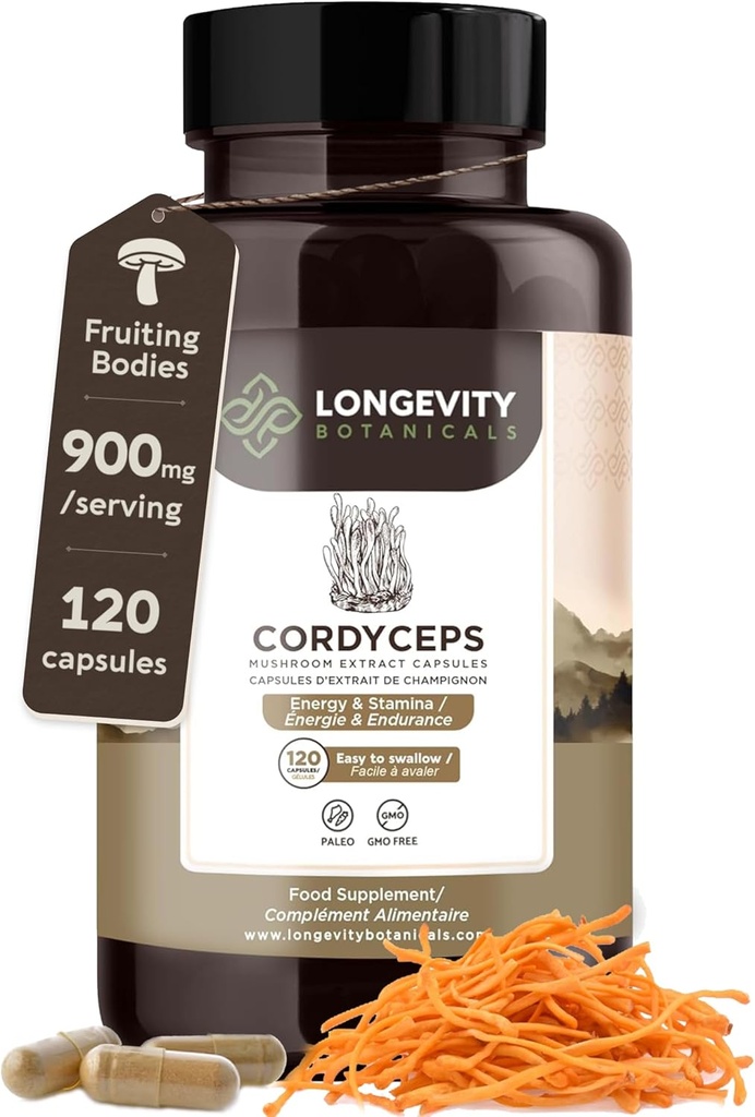 Orgánica Cordyceps Mushroom Capsules Suplemento (120) ← Pure Fruiting Body 10:1 High Strength Extract ← 30% Beta-D Glucans TEN 9,000mg Raw Equivalent Por Serving TEN Energy, Stamina &amp; Oxygen Support