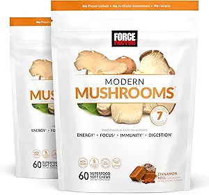 Factor de fuerza Mushrooms Soft Chews, Mushroom Suplemento con Lions Mane, Turquía Tail, &amp; Cordyceps para apoyar energía, inmunidad, " Digestión, Cinnamon Roll, 120 Soft Chews, 2-Pack
