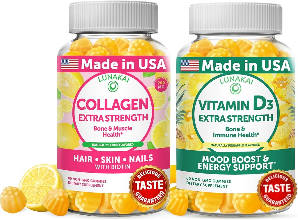 Lunakai Collagen and Vitamin D3 Gummies Bundle - Non-GMO Anti Aging Supplements for Men &amp; Women - Immunity, Bone and Mood Support Gummy for Adults - 30 Days Supply