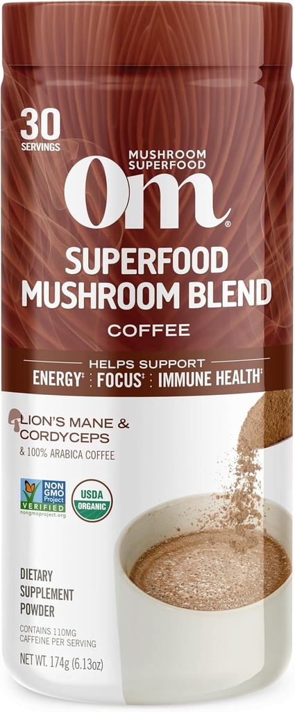OM MUSHROOM SUPERFOOD Coffee Blend – Organic Arabica with Lion’s Mane, Cordyceps, Reishi, Turkey Tail & Ginkgo – Apoya Energía, Focus & Clarity – 6.24 oz Canister (30 Serviciones)