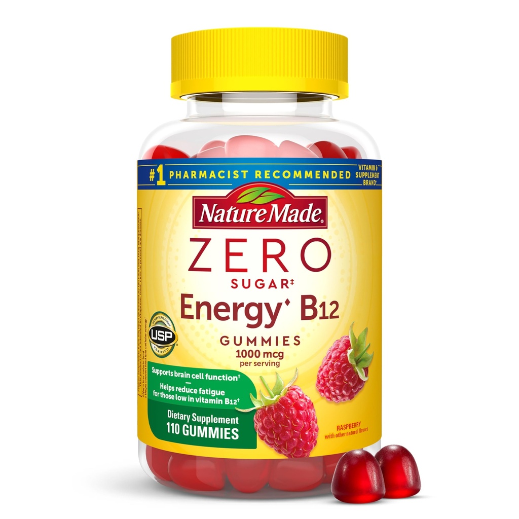 Nature Made Zero Sugar Energy Vitamina B12 Gummies 1000 mcg por Serving, B12 Vitaminas, Energy Metabolism Support, Aspartame Free, 110 Sugar Free Gummies, 55 Day Supply