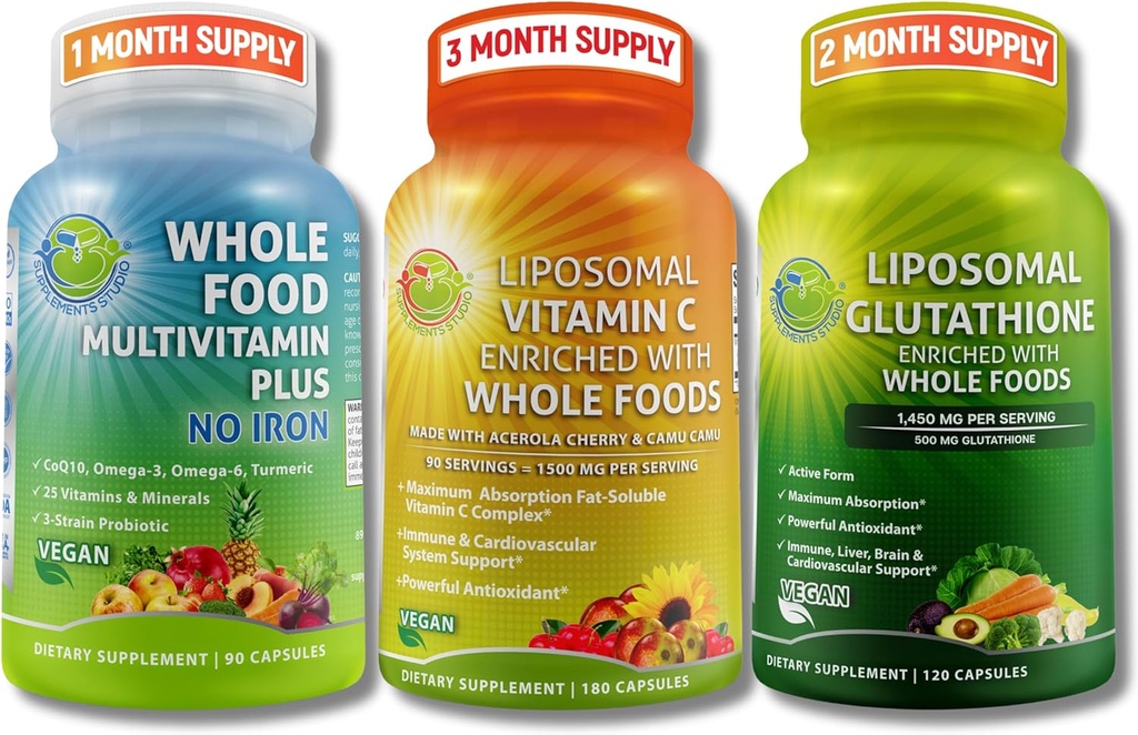 Immune & Daily Wellness Support Bundle for Women &amp; Men – Liposomal Vitamina C 1500mg + Vegan Whole Food Multivitamin No Iron + Liposomal Glutathione 500mg – Vegan, Non-GMO, Clean Daily Wellness Support