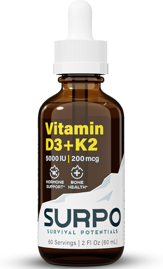 Vitamina D3 + K2 gotas líquidas con aceite Omega 3 - 5000 gotas de vitamina D UI K2 para soporte hormonal &amp; salud ósea - Vitamina líquida D3 con gotas K2 para absorción máxima - 2Fl Oz Vitamina K2 D3