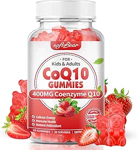softbear CoQ10 Gummies 400mg Coenzyme Q10 Suplemento para Adultos, Alta Absorción coq10 Plus Omega-3, Magnesio, Vitamina B3 &amp; Zinc para Energía Celular & Antioxidante, Sabor de Fresa 60 Conde