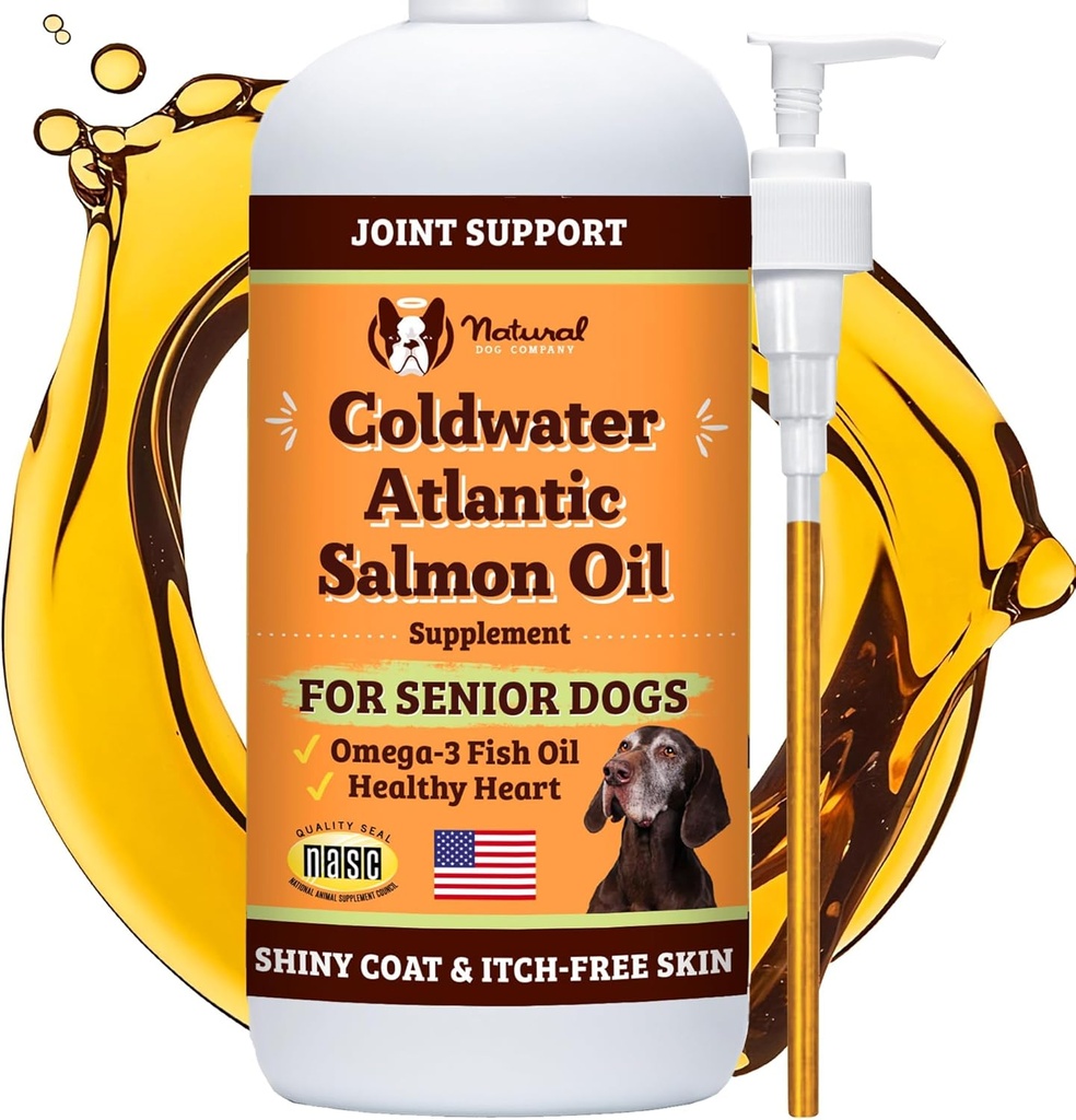 Natural Dog Company Coldwater Atlantic Salmon Oil for Dogs (16oz) - Senior Dog Fish Oil Supplement with Omega 3, Easy to Digest for Senior Dog Fish Oil, Liquid Dog Fish Oil Joint Support Suplemento