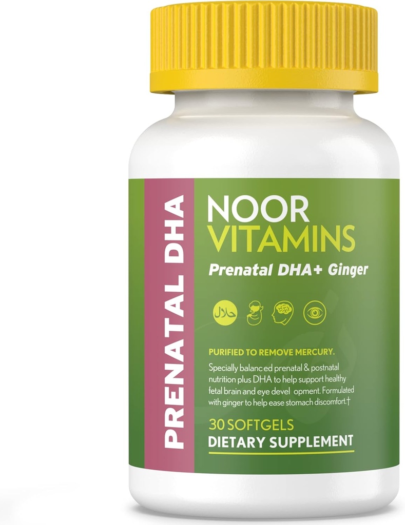 Vitaminas del Noor Vitaminas prenatales Halales con DHA y ácido fólico, vitaminas esenciales, jengibre para calmar el estómago de mamá, hierro, Softgels, vitamina prenatal antes/durante embarazo/poso (1 mes de suministro)