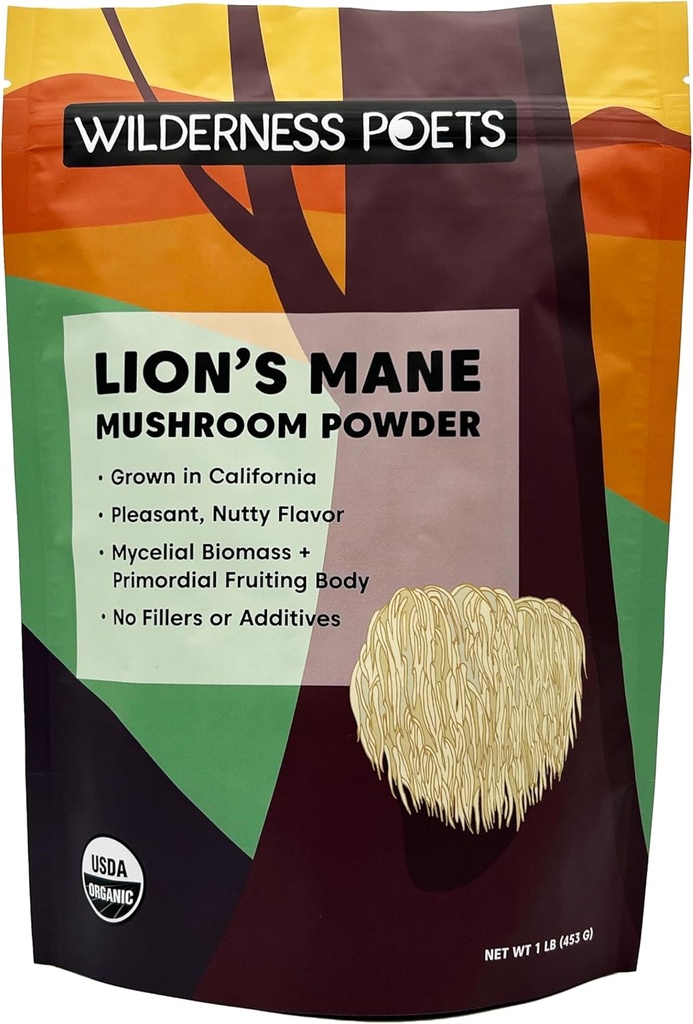 Wilderness Poets, Organic Lions Mane Mushroom Powder - California Grown - Bulk Size (16 onza - 1 libra)