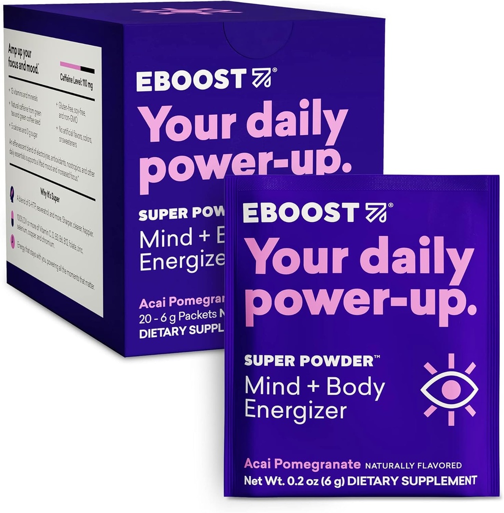 EBOOST Super Energy Powder Drink Mix, Non-GMO Electrolyte Suplemento cargado con vitaminas (Acai Pomegranate), 0,2 onzas (Pack of 20)