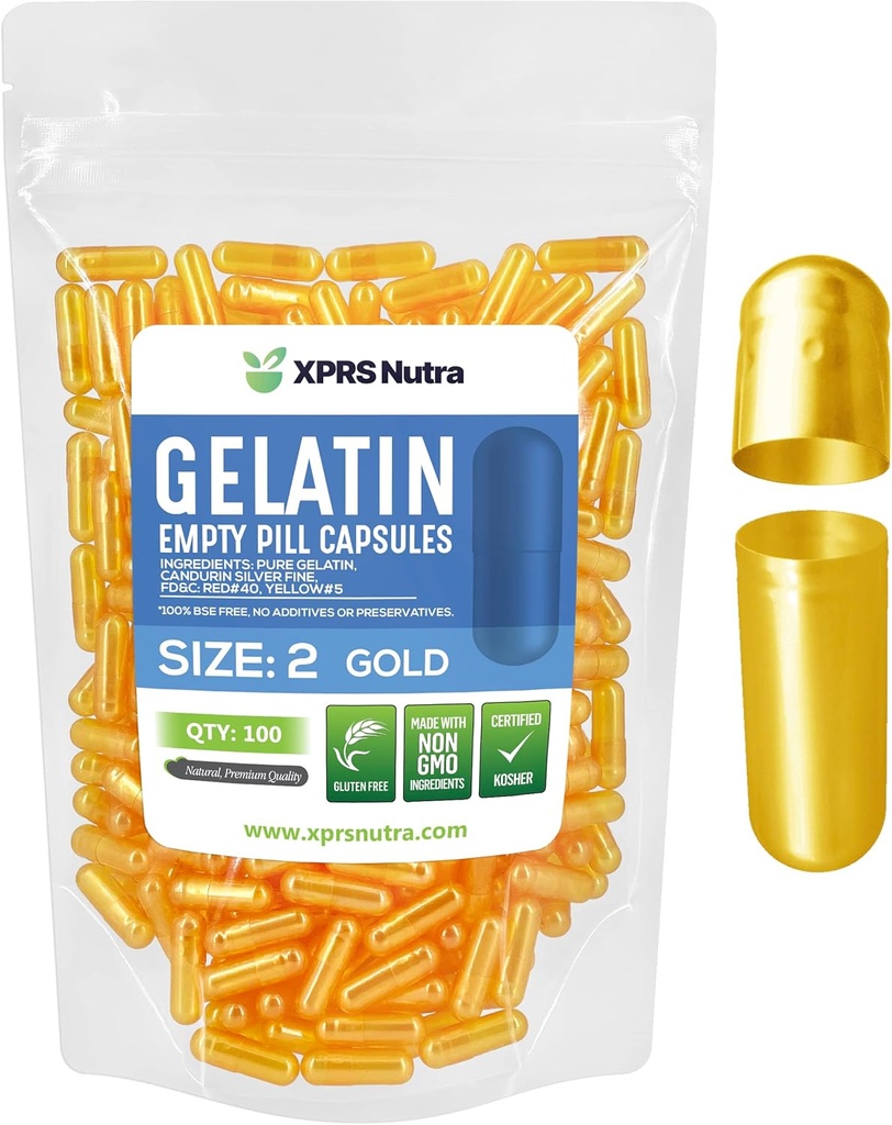 XPRS Nutra Size 2 Empty Capsules - 100 Conde Empty Gelatin Capsules - Pills DIY Capsule Filling - Pure Bovine Pill Gel Caps for Do-It-youself Supplements (Gold)