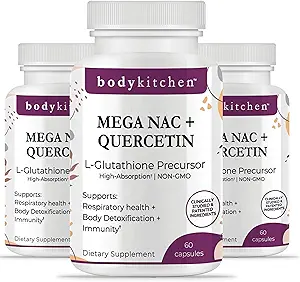 Body Kitchen Mega NAC (N-Acetyl Cysteine) 600 mg con Quercetin, soporta la salud respiratoria y la función de inmune y promueve el hígado y el riñón Detox, Veggie Caps, (Pack of 3)