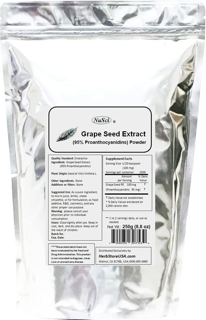 Grape Seed (Europe) Extract Powder Standardized 95% Proanthocyanidins OPC (250 Grams (8.8 oz)) Europe Grown GMO Free Non-Irradiated