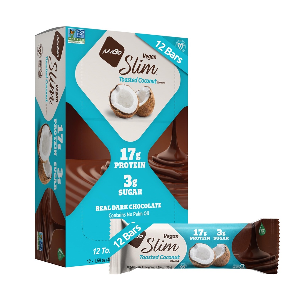 NuGo Slim, Toasted Coconut, 16g Vegan Protein Bar, Gluten Free, 12 ct