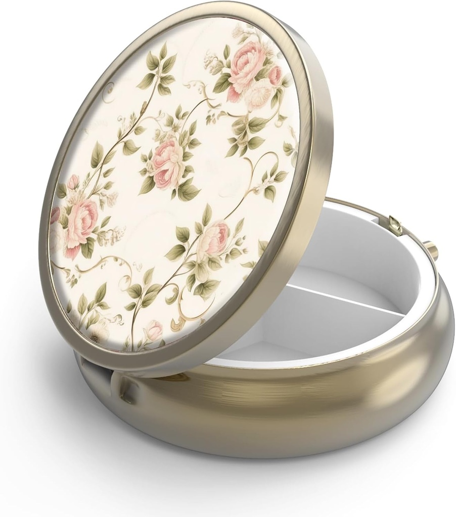 Pill Case Pill Box with Mirror Retro 3 Compartment Small Pill Case for Purse or Pocket Bronze Small Roud Pill Box or Vitamins, Fish Oil, Supplements, Pill Containe Travel Gifts(Vintage Floral)