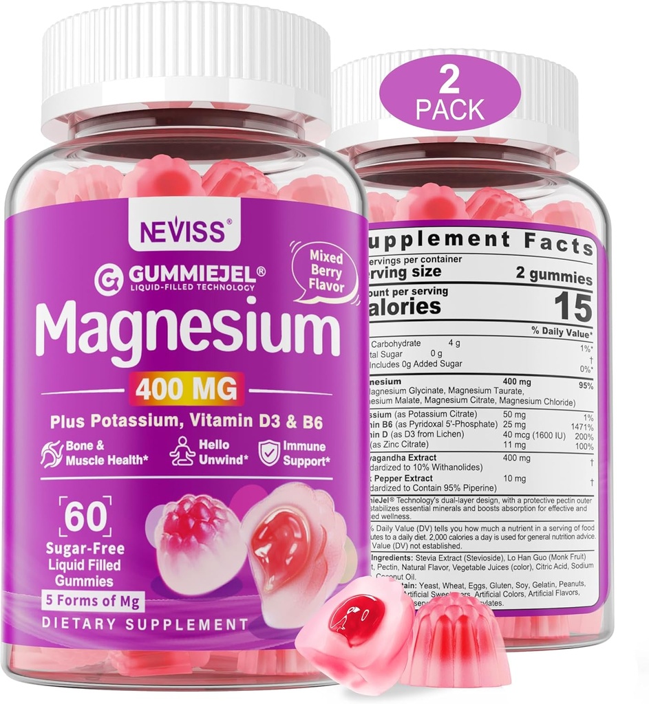 Magnesio sin azúcar Gummies 400mg ← 5-en-1 Magnesio Complejo: Glycinate, Citrate, Malate, Chloride & Taurate Silencio con Ashwagandha, Vitamina D3 &amp; Zinc ← Calm, Mood & Energy Support ← Vegan, 2-Pack