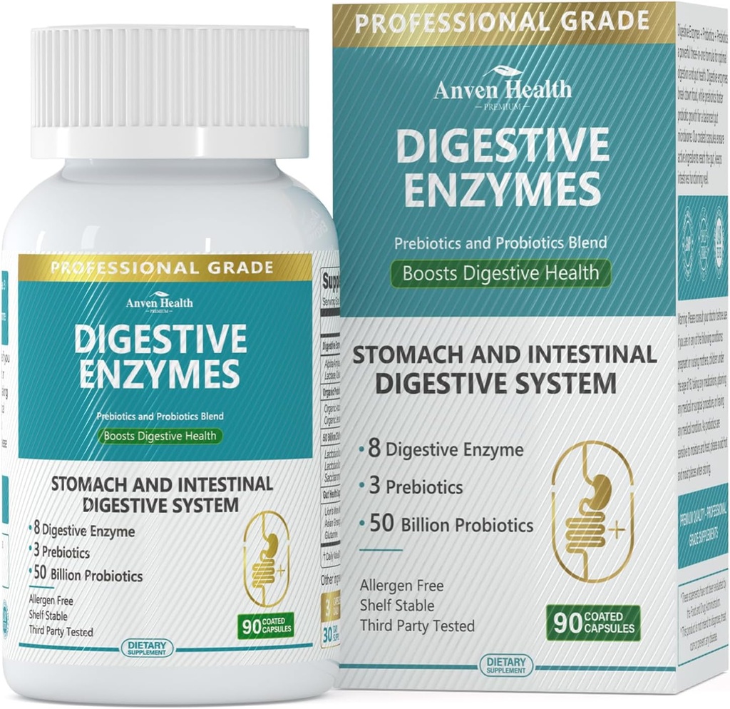 Enzimas digestivas de 800 mg para hombres y mujeres con probióticos " orgánicos prebióticos, 8 enzimas clave, Protease, Amylase " Lipase for Bloating, Gas Relief, Non-GMO Ø 90 cápsulas
