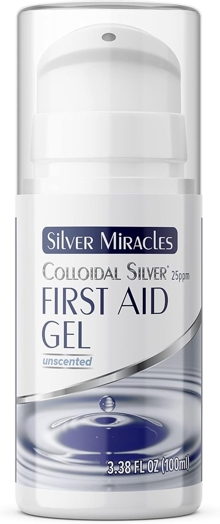 Milagros de plata - Colloidal Silver First Aid Gel - Airless Bottle - Nano Silver Gel Wound Care - Intento de curación para quemaduras, Sunburns &amp; Irritated Skin - Unscented -3.38 OZ - 25 PPM