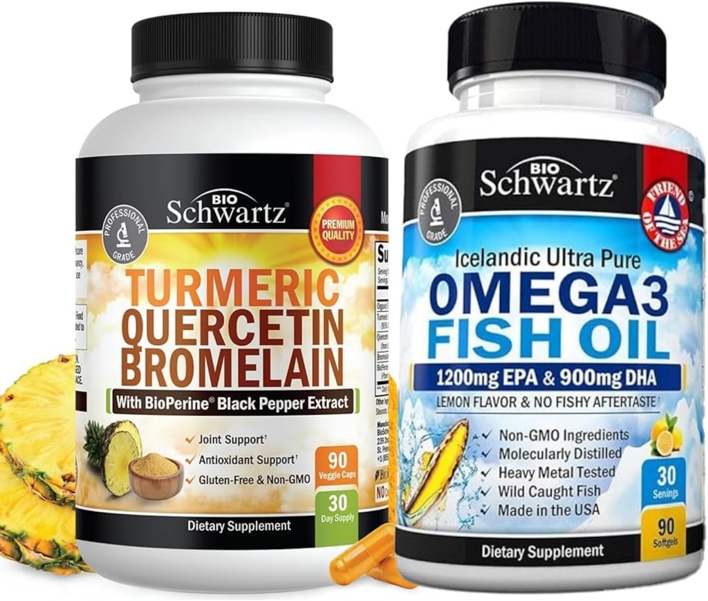 Turmeric Quercetin with Bromelain Supplement (1 Month Supply) Plus Triple Strength Omega 3 Fish Oil Softgels (1 Month Supply)