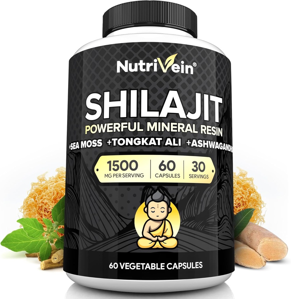 Nutrivein Premium Puro Himalayan Shilajit para Hombres y Mujeres - 1500 mg - 60 cápsulas- potente extracto de resina envuelto con el mar irlandés Moss, Tongkat Ali, & Ashwagandha - Vitality, Clarity, & Performance