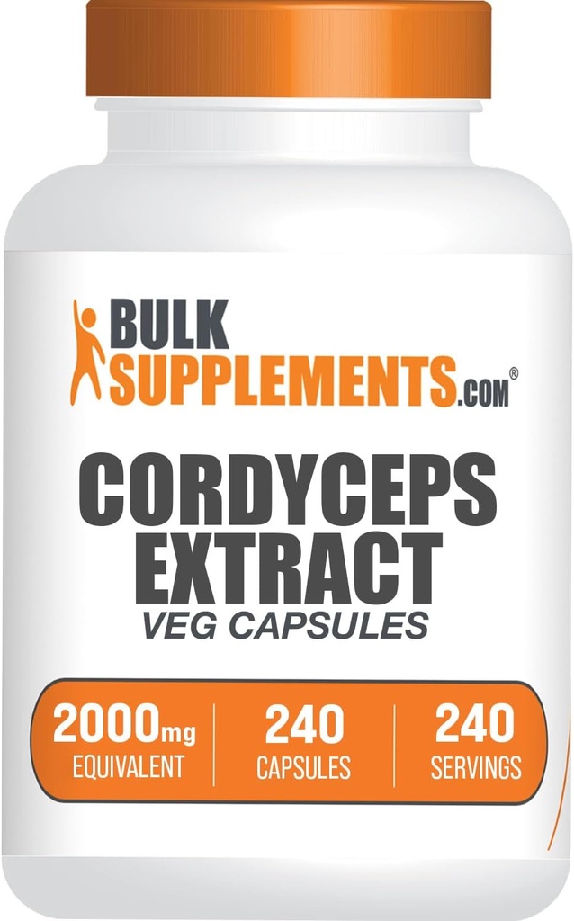 BulkSupplements.com Cordyceps Mushroom Capsules - Cordyceps Extract, from Cordyceps Sinensis - Gluten Free, 2000mg Equivalent Serving - 1 cápsula por Serving, 240 Veg Capsules (Pack of 1)