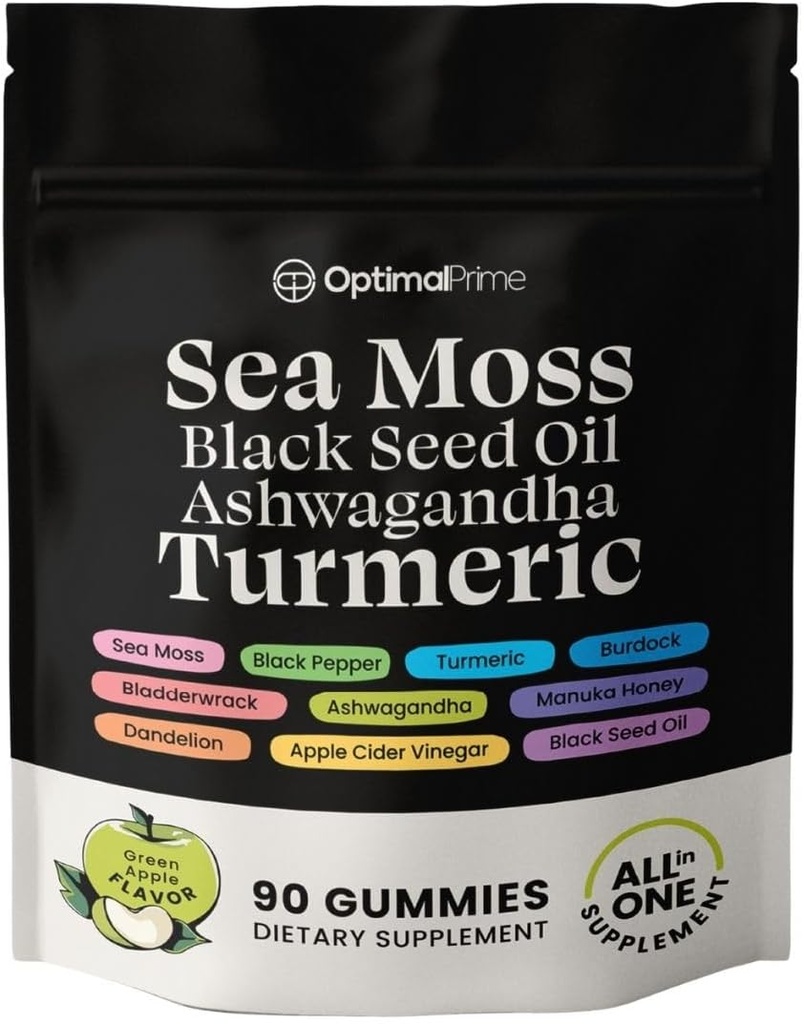 Optimal Prime Sea Moss and Black Seed Oil Gummies, Ashwagandha, Turmeric, Manuka Honey, ACV, Dandelion, Black Pepper, Burdock, Bladderwrack, Vegan, 90 Gummies 45 Day Supply