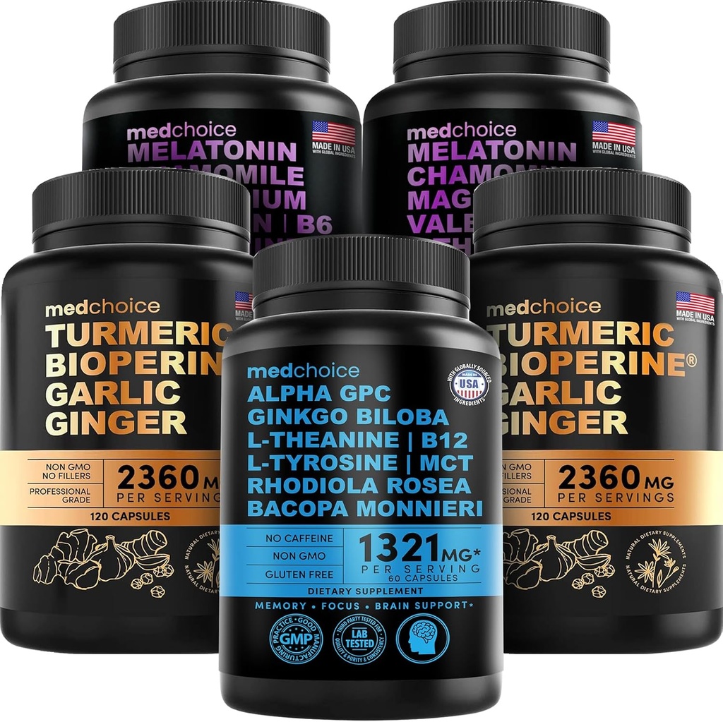 MEDCHOICE Turmeric " Ginger (240ct), Sleep Melatonin (180ct), and Nootropic Brain (60ct) Supplement Bundle - Wellness Trio for Brain, Sleep, " Immune Support - Vegan, Non-GMO, Gluten-Free