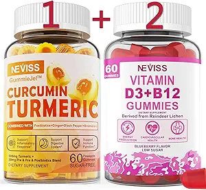 3 Pack Turmeric Curcumin + Vitamina D3 &amp; B12 Gummies, Vegan