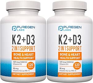 2 in 1 High Potency Formula 90mcg Vitamin K2 (MK7) and 5000 IU Vitamin D3 Supplement for Bone and Heart Health | Non-GMO Formula Vitamin D3 & K2 Complex, Total 240 Capsules I 8 Month Supply