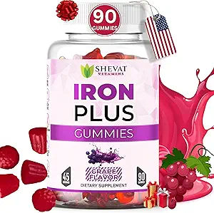 Hecho en EE.UU. 90 vasos de hierro para mujeres Anemia - Vegan, Gluten Gratis &amp; Immune Apoyo suplemento de hierro Gummies (Grape) - Gummies de hierro picable para hombres - Gummies de hierro para niños con vitamina C, A &amp; Zinc