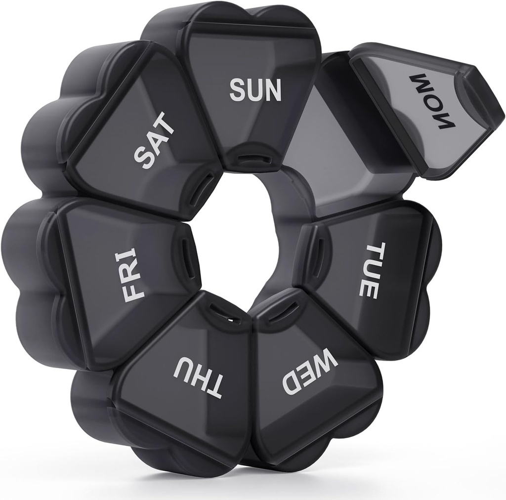 Large Weekly Pill Organizer, Pill Box 7 Day, KAPENS Daily Vitamin Case Large Capacity Compartments, Pill Containers for Fish Oil Medicine Supplements, Black