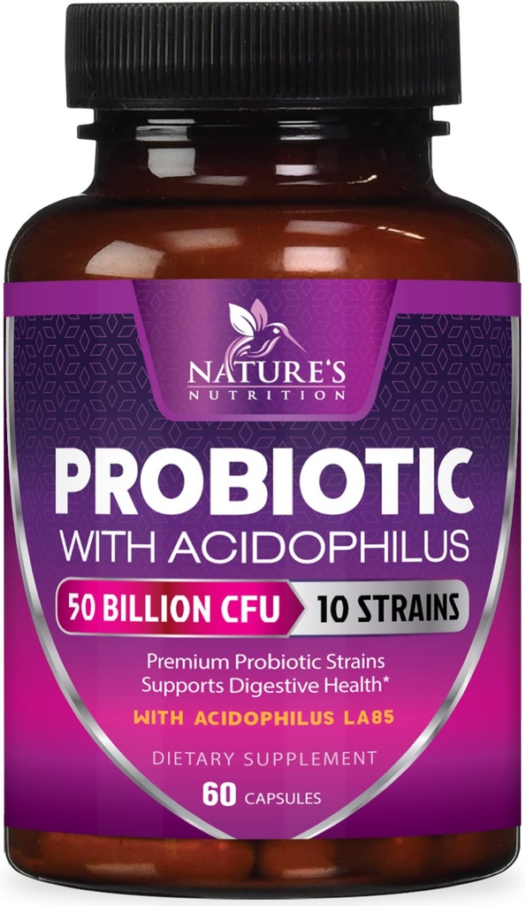 Probiotics for Digestive Gut Health - 50 Billion CFU Per Capsule, 10 Premium Strains & Prebiotics - Best Probiotics for Women & Men, Occasional Constipation, Gas, Immune Health Support - 60 Capsules